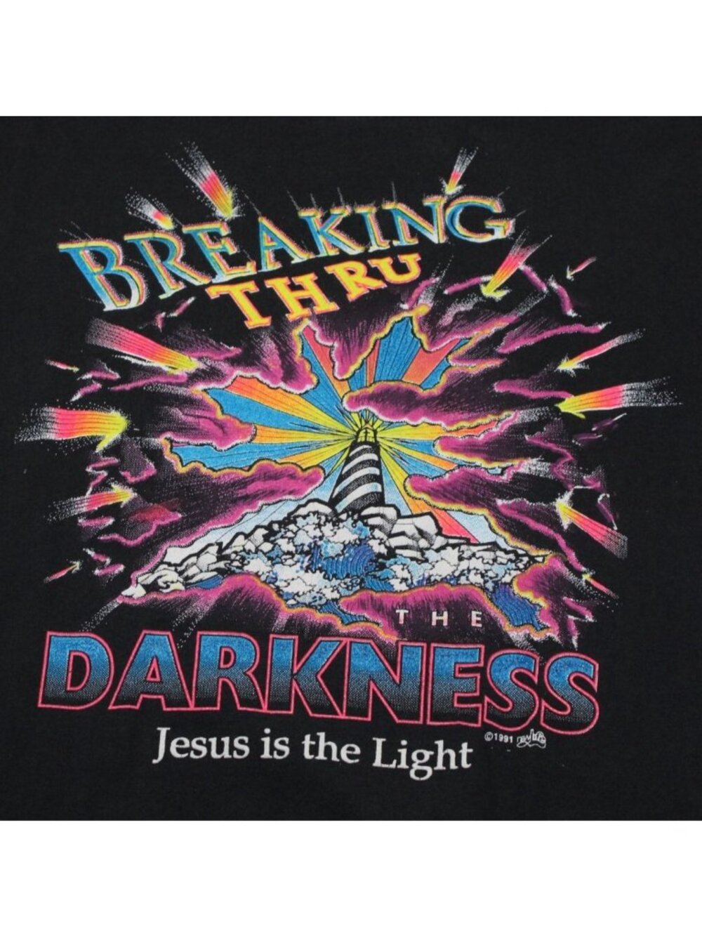 VTG Breaking Thru Darkness Christian T-Shirt X-Large USA Hanes Heavyweight Black - Picture 2 of 5
